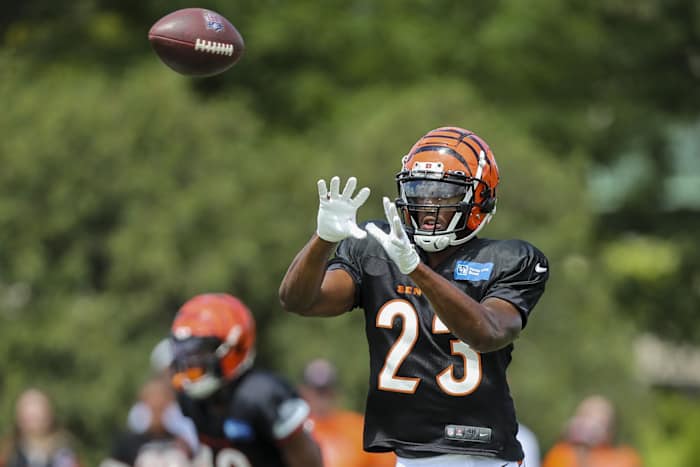 Aug 7, 2022; Cincinnati OH, USA; Cincinnati Bengals safety Dax Hill (23) runs drills during training camp at Kettering Health Practice Fields. Mandatory Credit: Katie Stratman-USA TODAY Sports